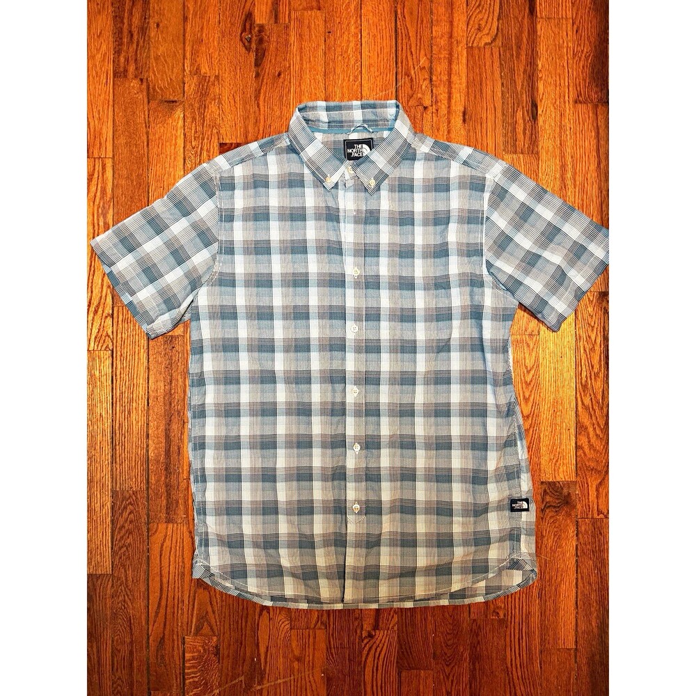 The North Face Men’s Short Sleeve Plaid Button-Down Shirt Blue Gray White L